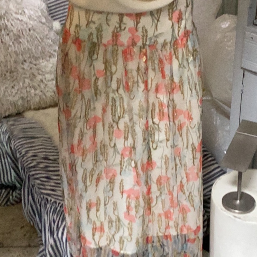 Cream & tangerine Pleated Midi A-Line Skirt with gold detail. Tulle over cream